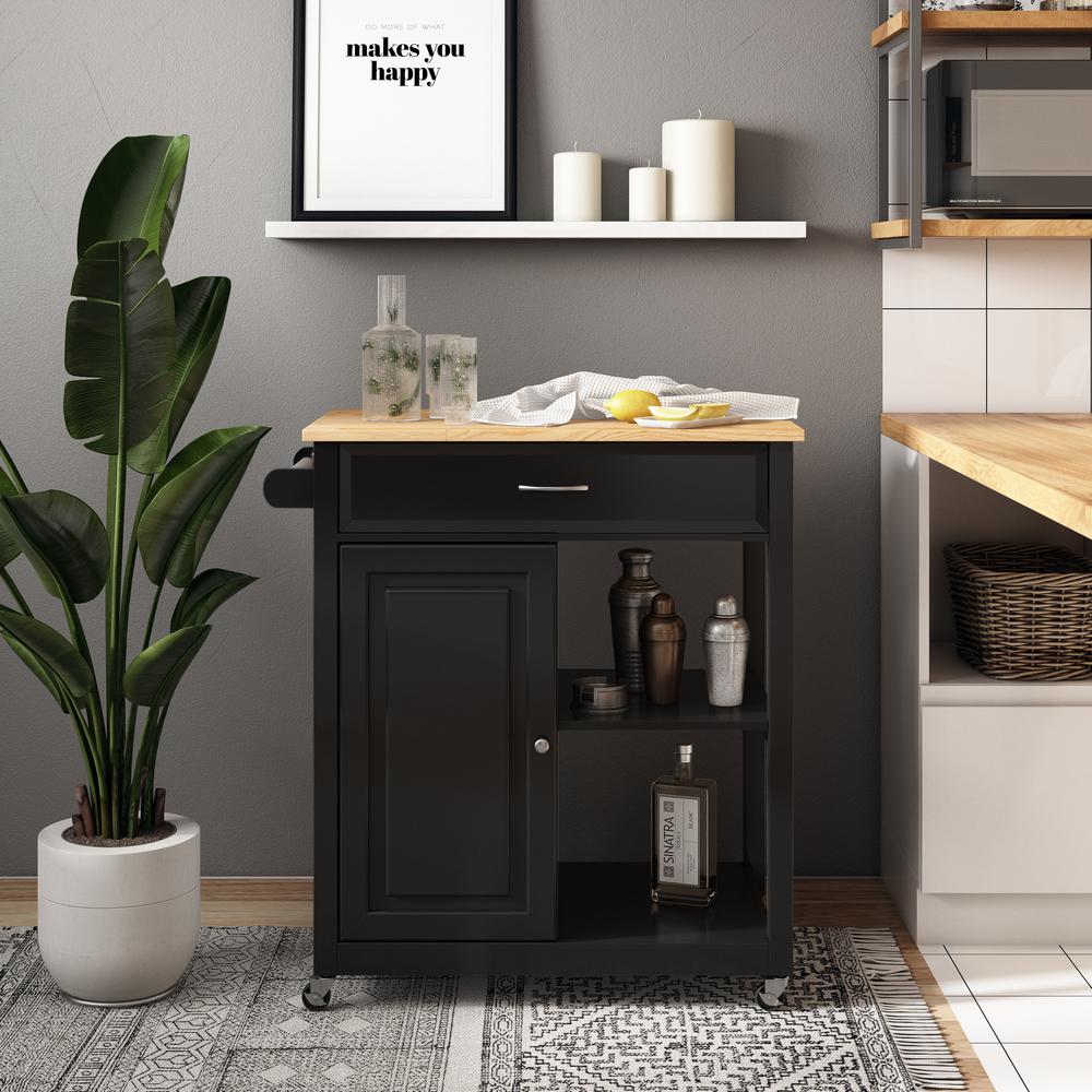 CorLiving Sage Wood Kitchen Cart With Cupboard, Black. Picture 2
