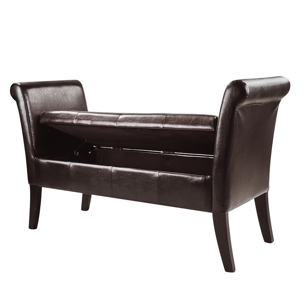 Antonio Storage Bench with Scrolled Arms in Dark Brown Bonded Leather. Picture 2