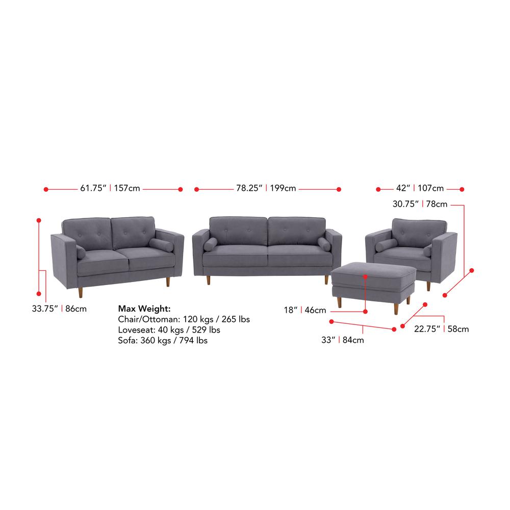 CorLiving Mulberry Fabric Upholstered Modern Sofa, Loveseat and Accent Chair Set, Grey -4pcs. Picture 3