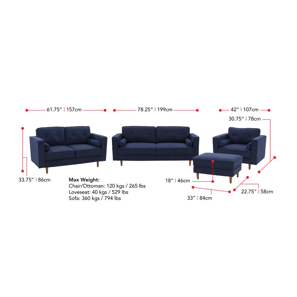 CorLiving Mulberry Fabric Upholstered Modern Sofa, Loveseat and Accent Chair Set, Navy Blue -4pcs. Picture 3
