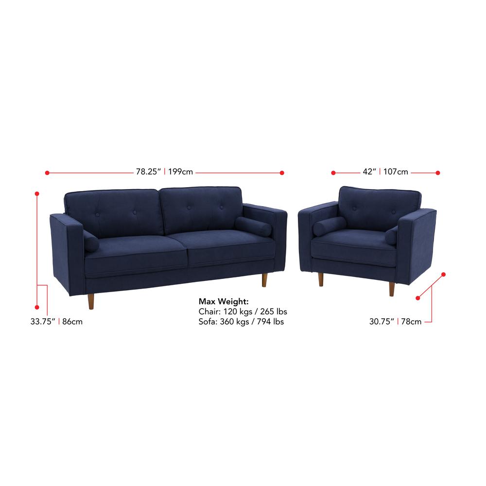 CorLiving Mulberry Fabric Upholstered Modern Chair and Sofa Set, Navy Blue - 2pcs. Picture 3