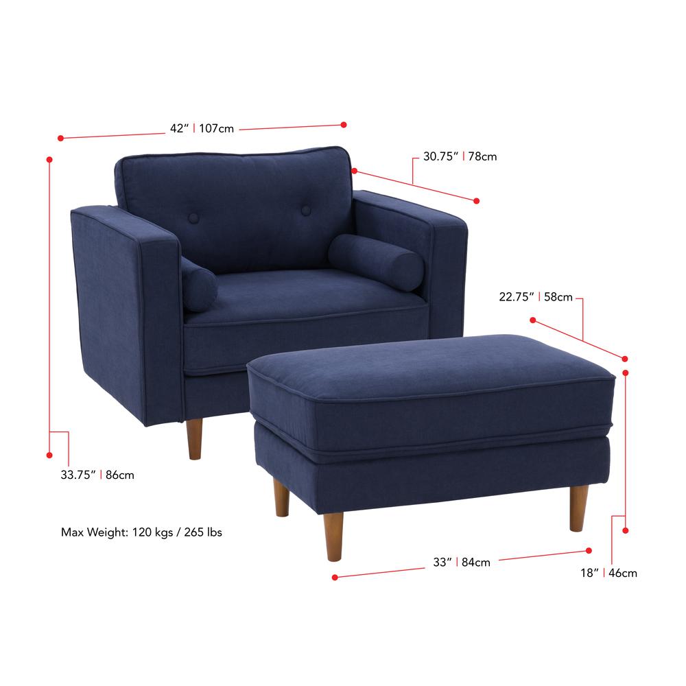 CorLiving Mulberry Fabric Upholstered Modern Accent Chair and Ottoman Set, Navy Blue - 2pcs. Picture 3
