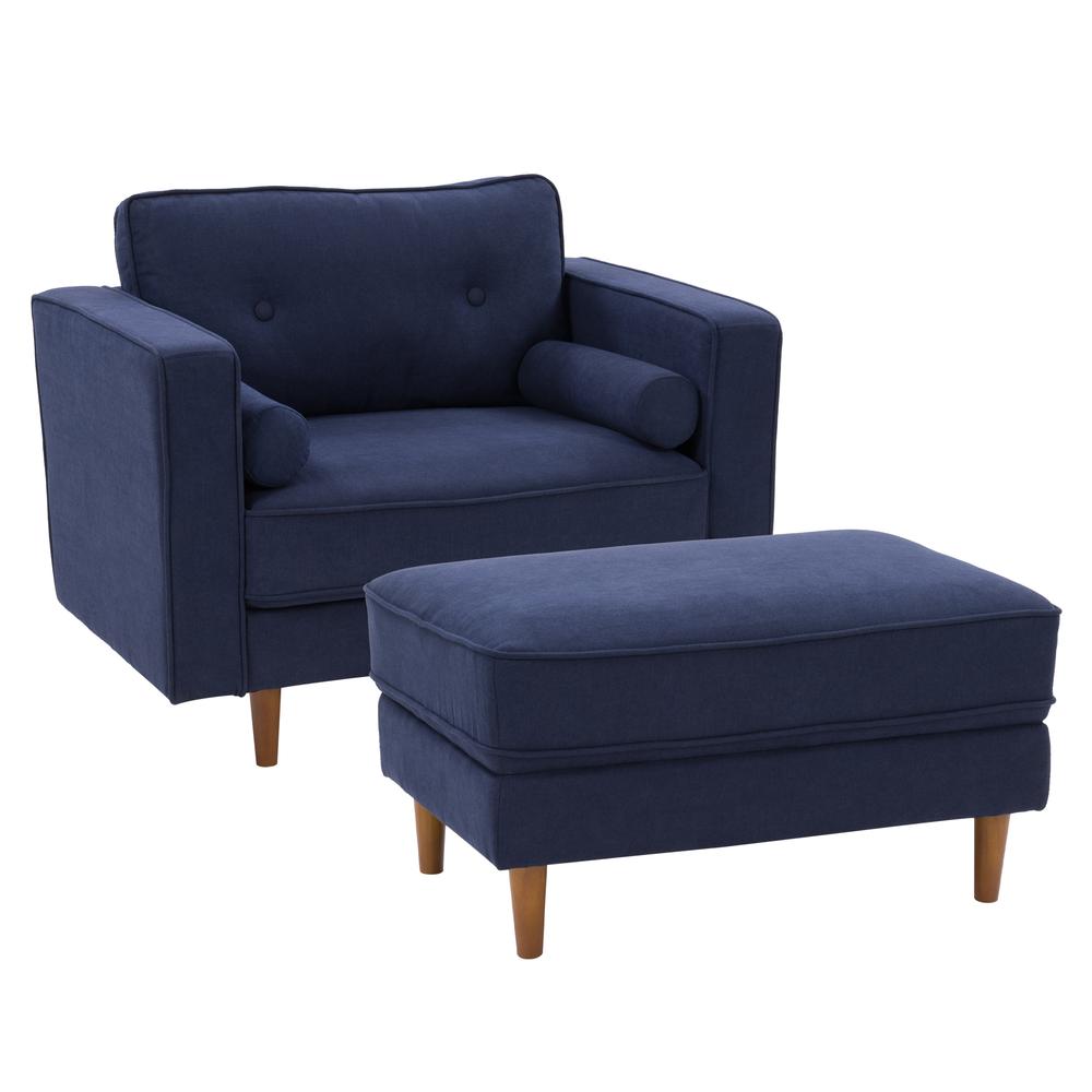 CorLiving Mulberry Fabric Upholstered Modern Accent Chair and Ottoman Set, Navy Blue - 2pcs. Picture 1