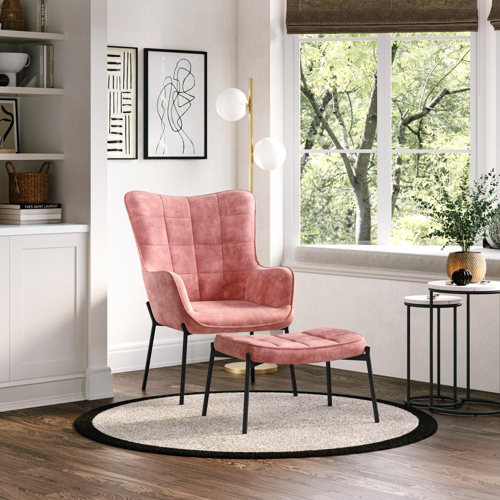 CorLiving Velvet Accent Chair with Stool, Pink Salmon. Picture 5