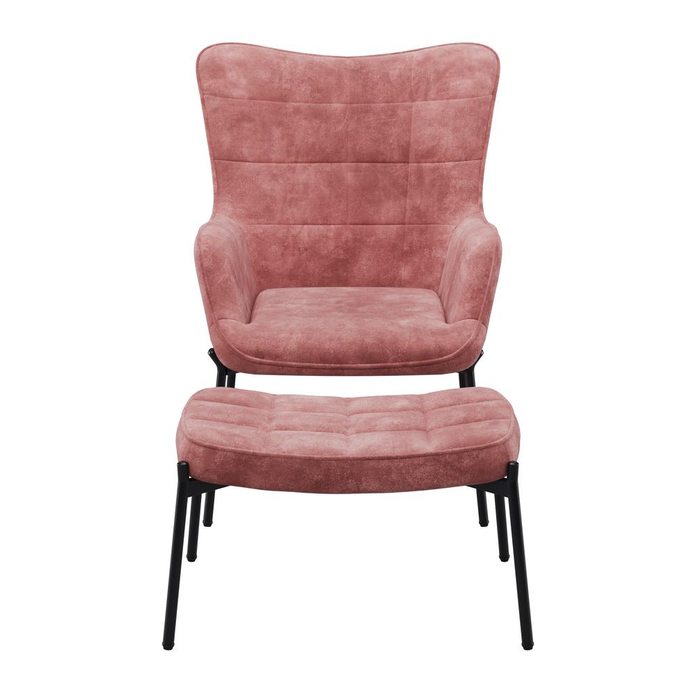 CorLiving Velvet Accent Chair with Stool, Pink Salmon. Picture 1