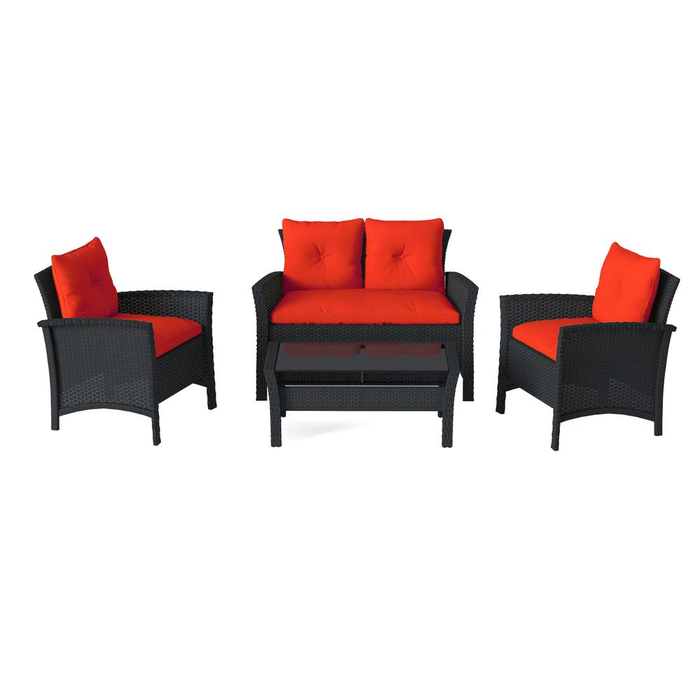 Cascade 4pc Black Resin Rattan Wicker Patio Set with Red Cushions. Picture 1