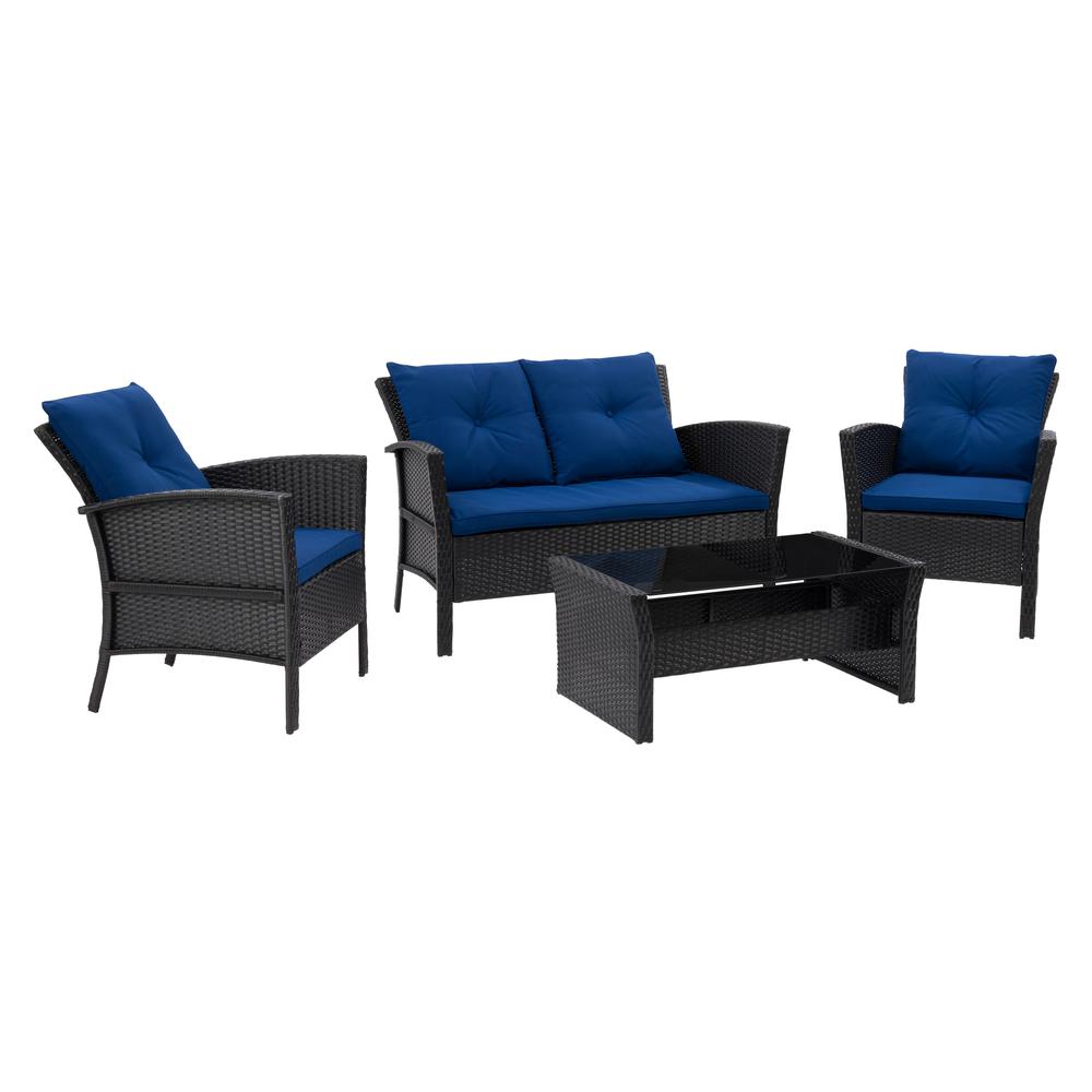 CorLiving Cascade Wicker Rattan Patio Set with Navy Cushions 4pc. Picture 3