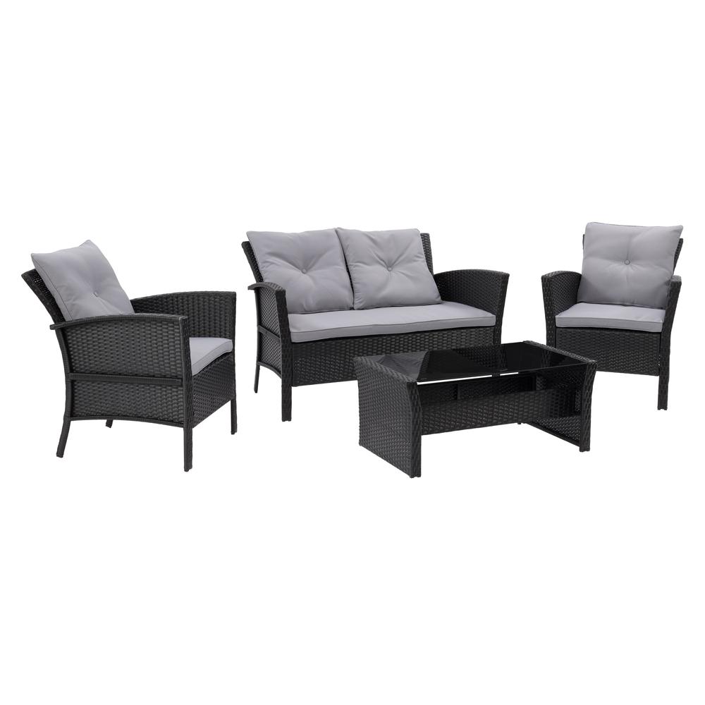 CorLiving Cascade Wicker Rattan Patio Set with Grey Cushions 4pc. Picture 3