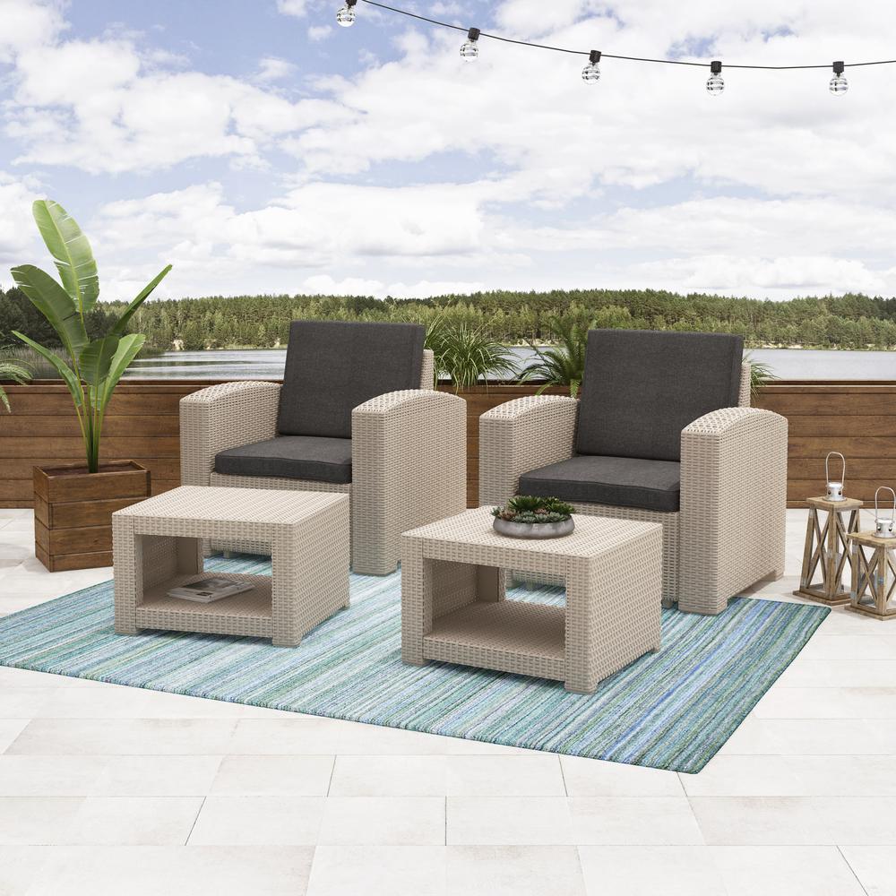 All-Weather Beige Chair and Ottoman Patio Set with Dark Grey Cushions. Picture 2