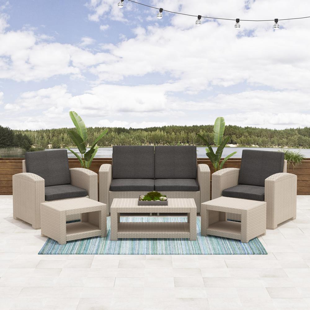 All-Weather Beige Conversation Set with Dark Grey Cushions. Picture 2