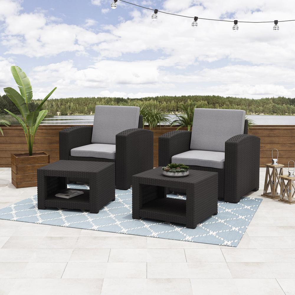 All-Weather Black Chair and Ottoman Patio Set with Light Grey Cushions. Picture 2