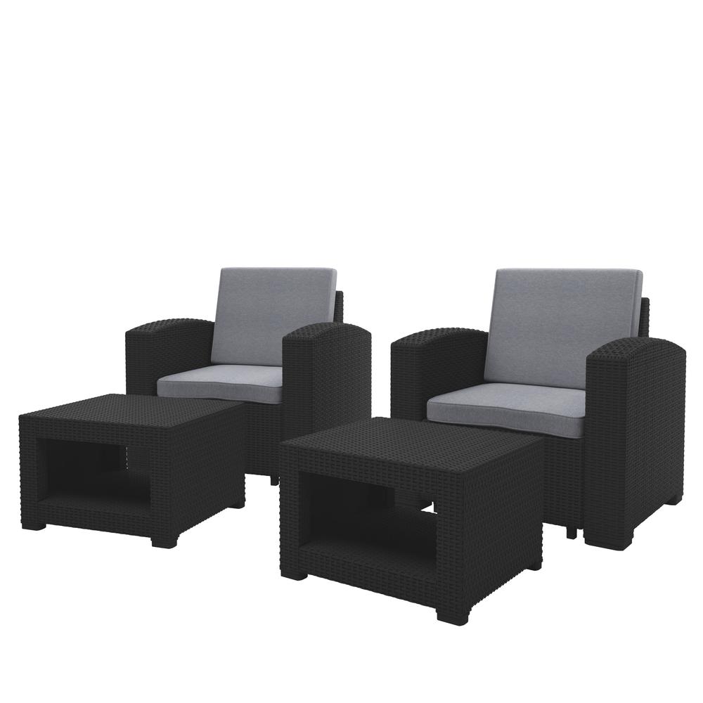 All-Weather Black Chair and Ottoman Patio Set with Light Grey Cushions. Picture 1