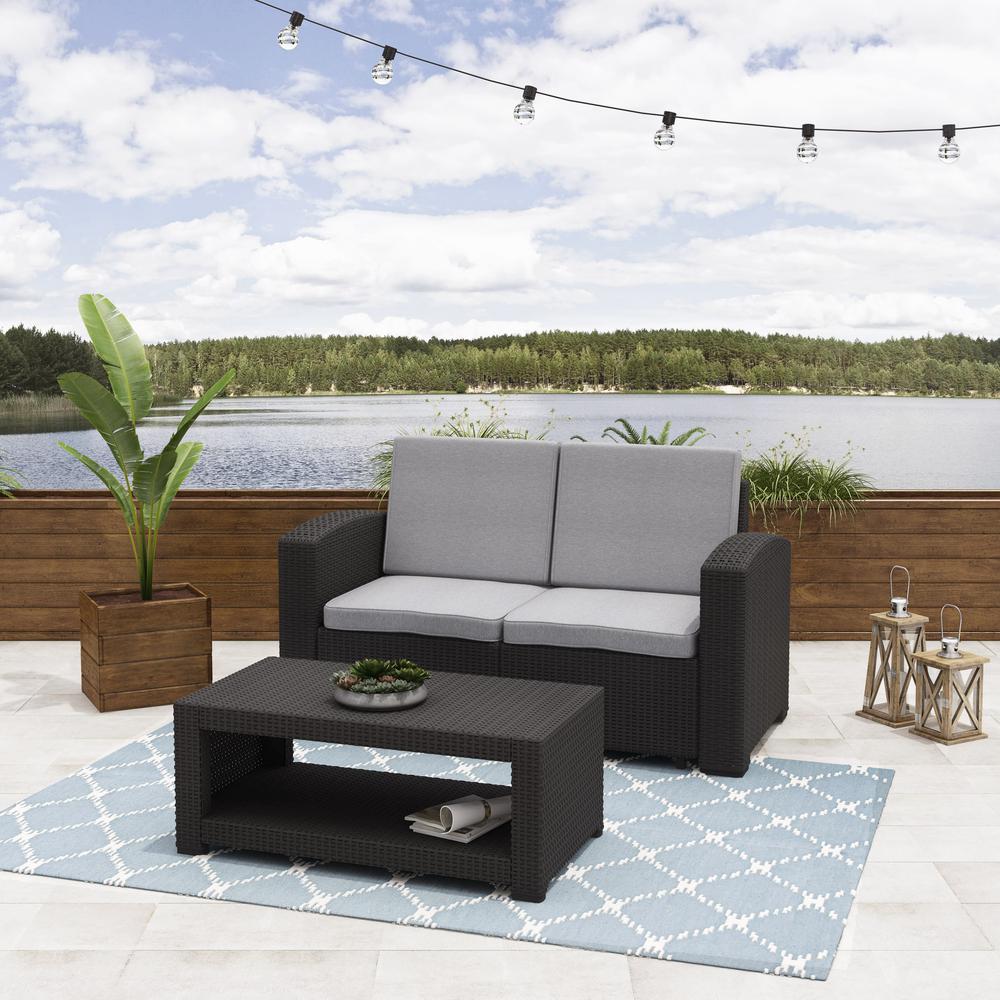All-Weather Black Loveseat Patio Set with Light Grey Cushions. Picture 2