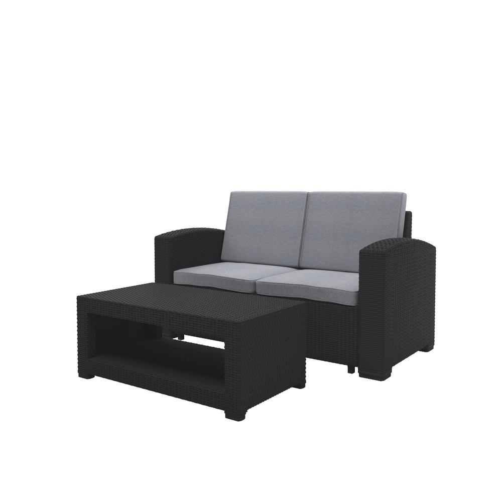 All-Weather Black Loveseat Patio Set with Light Grey Cushions. The main picture.
