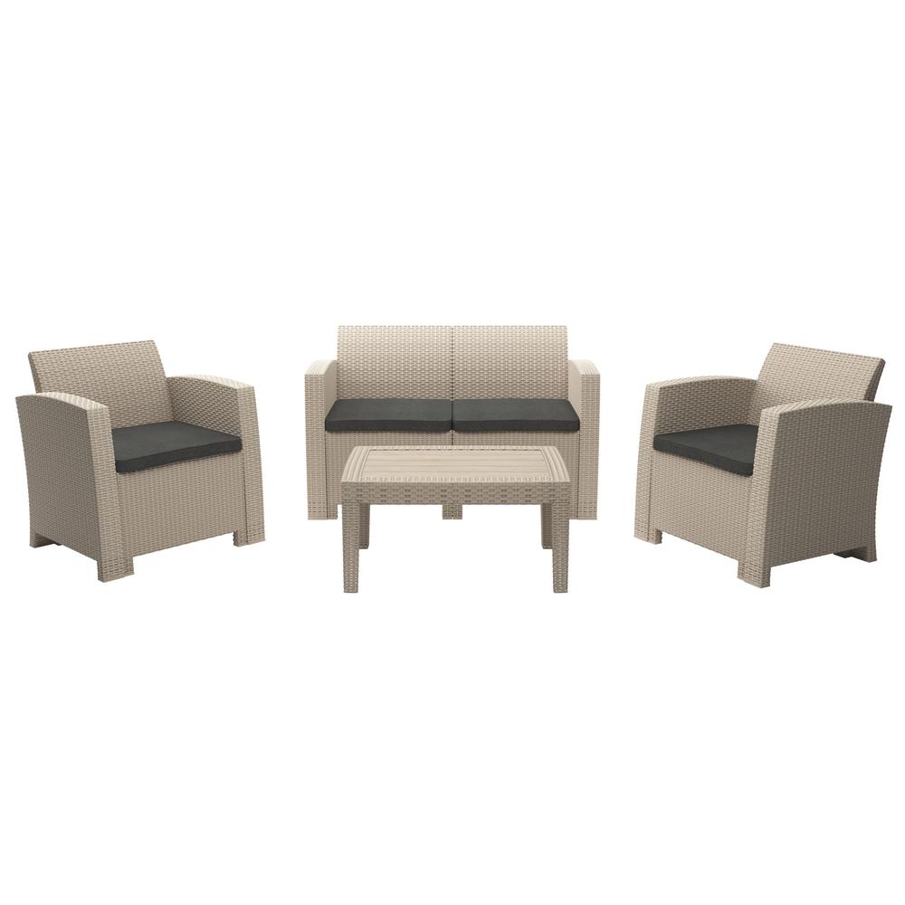 All-Weather Beige Conversation Set with Dark Grey Cushions. Picture 1
