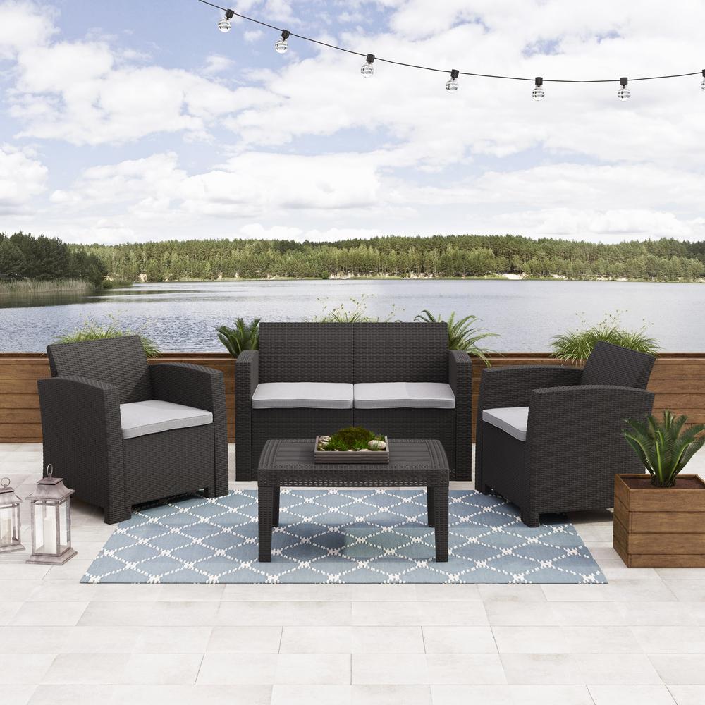 All-Weather Black Conversation Set with Light Grey Cushions. Picture 2