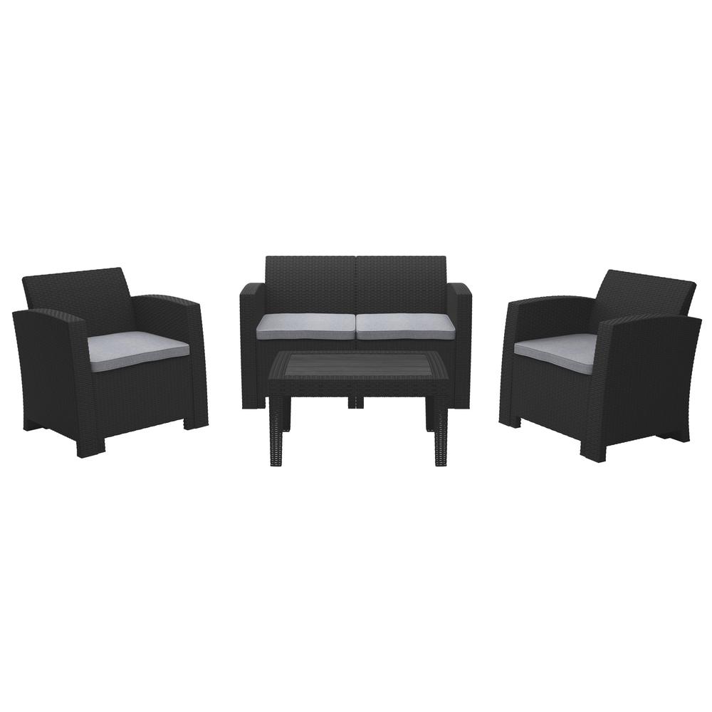All-Weather Black Conversation Set with Light Grey Cushions. Picture 1