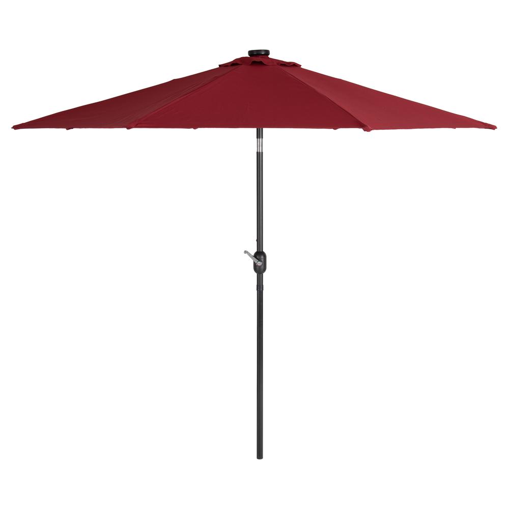 CorLiving 9ft Patio Umbrella with Lights, Tilting, Burgundy. Picture 1