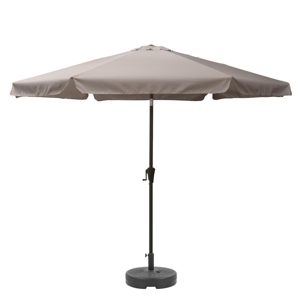 10ft Round Tilting Sand Grey Patio Umbrella and Round Umbrella Base. Picture 1