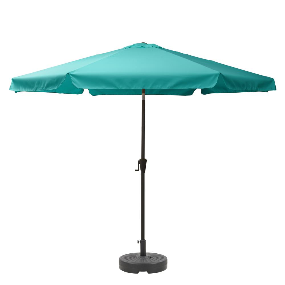 10ft Round Tilting Turquoise Blue Patio Umbrella and Round Umbrella Base. Picture 1