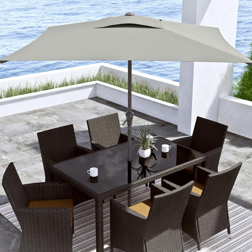 9ft Square Tilting Sand Grey Patio Umbrella with Umbrella Base. Picture 2