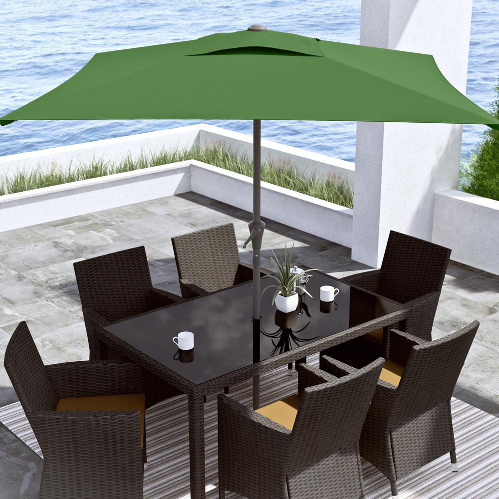 9ft Square Tilting Forest Green Patio Umbrella with Umbrella Base. Picture 2