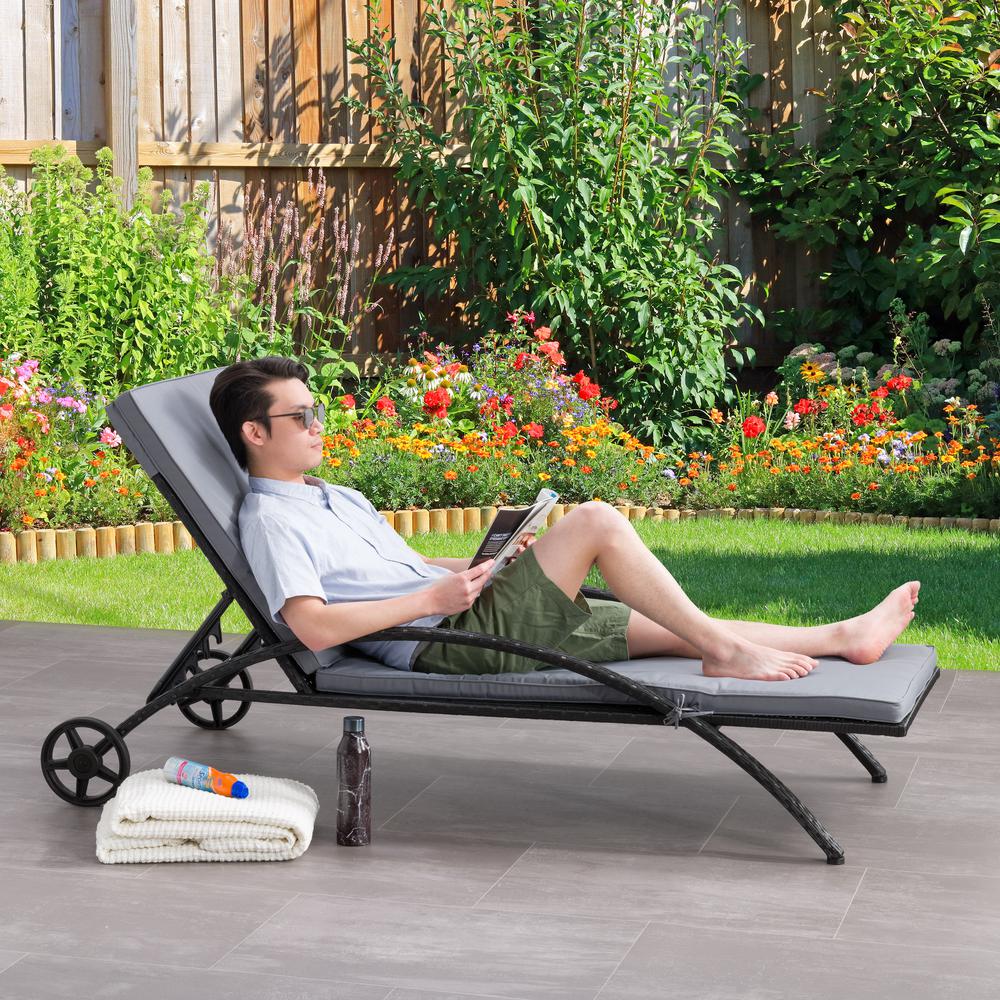 CorLiving Patio Sun Lounger - Black with Ash Grey Cushions. Picture 6