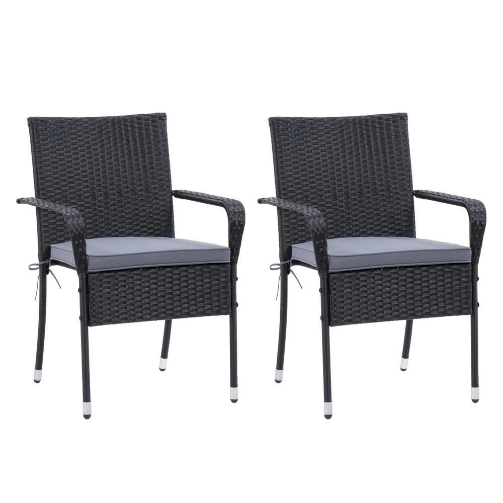 CorLiving Parksville Patio Stackable Dining Chair Set - Black with Ash Grey Cushions, 2pc. Picture 1
