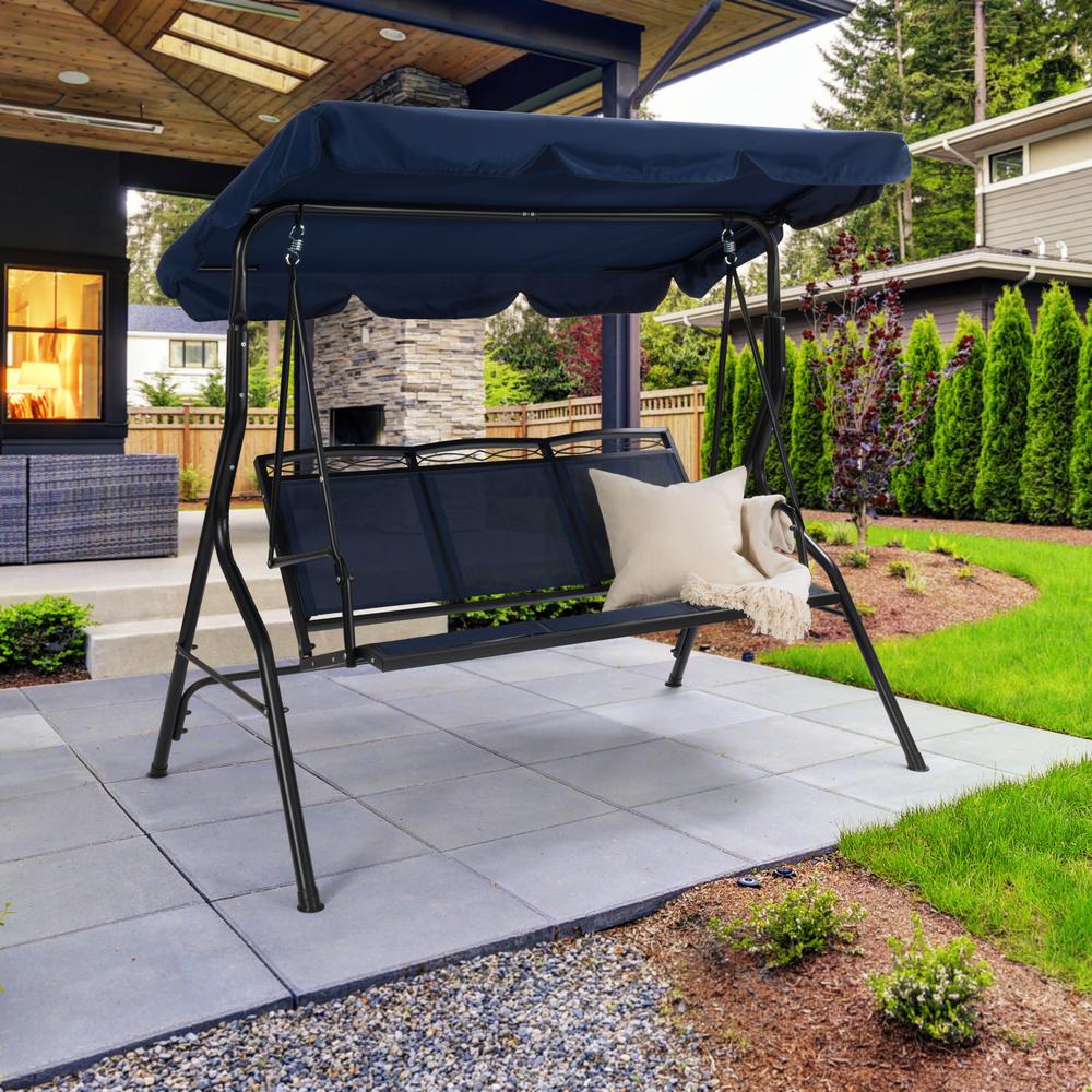 CorLiving 3-Seat Patio Swing with Canopy, Navy Blue. Picture 6