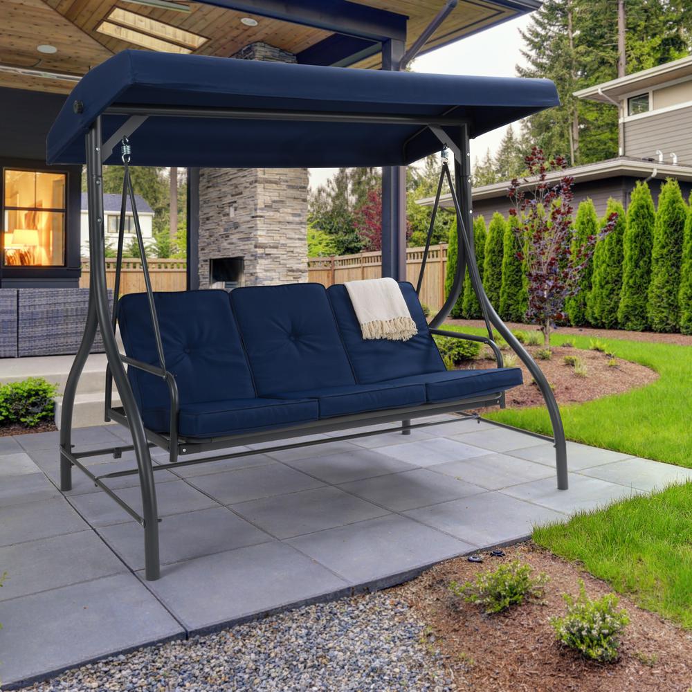 CorLiving Convertible Patio Swing with Canopy Navy Blue. Picture 7