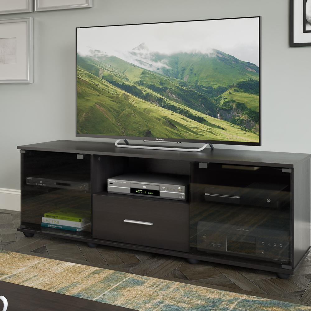 Fernbrook TV Stand in Black Faux Wood Grain Finish, for TVs up to 70". Picture 3