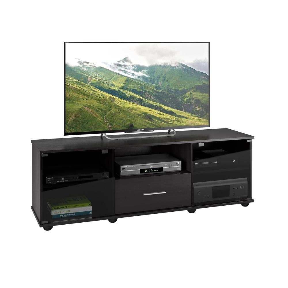 Fernbrook TV Stand in Black Faux Wood Grain Finish, for TVs up to 70". Picture 1