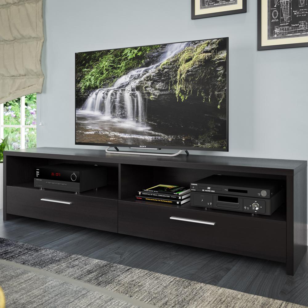 Fernbrook TV Stand in Black Faux Wood Grain Finish, for TVs up to 85". Picture 3