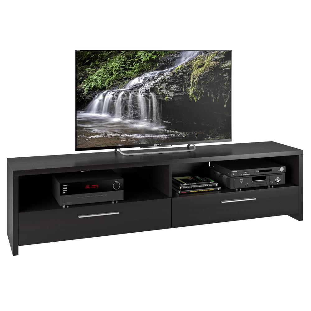 Fernbrook TV Stand in Black Faux Wood Grain Finish, for TVs up to 85". Picture 1