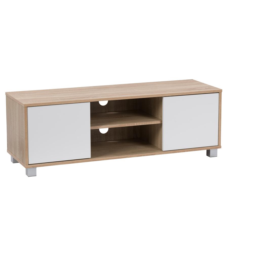 CorLiving Hollywood White and Brown Wood Grain TV Stand with Doors for TVs up to 55" Brown. Picture 2