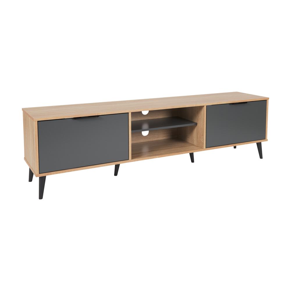 CorLiving TV Bench - Open & Closed Storage, TVs up to 85" Light Wood. Picture 2