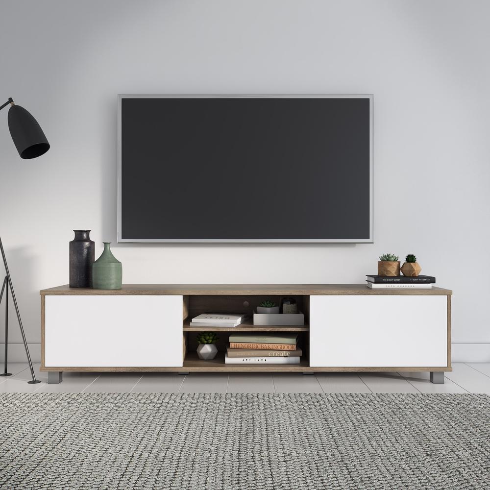 CorLiving Hollywood White and Brown Wood Grain TV Stand with Doors for TVs up to 85". Picture 2
