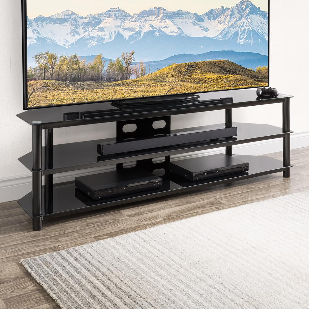 TVR-300-T Black Gloss TV Bench with Open Shelves for TVs up to 82". Picture 5
