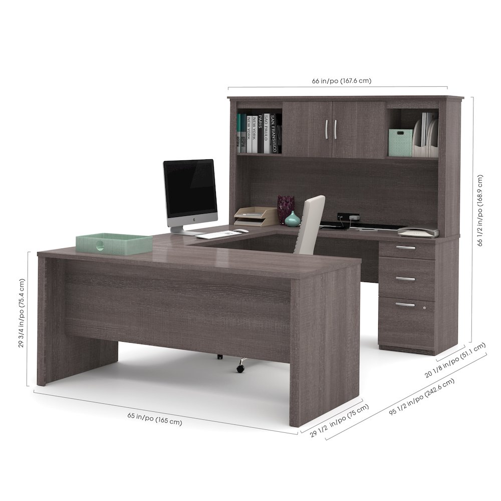 Bestar Logan 66W U or L-Shaped Executive Office Desk with Pedestal and Hutch in bark grey. Picture 1