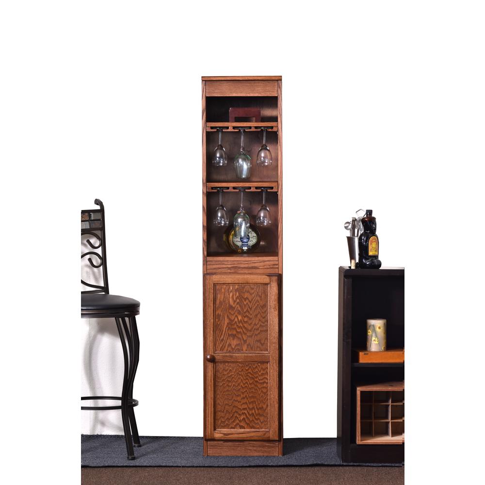 21 Bottle Wood Wine Cabinet with Hanging Glassware Storage - Oak Finish. Picture 1