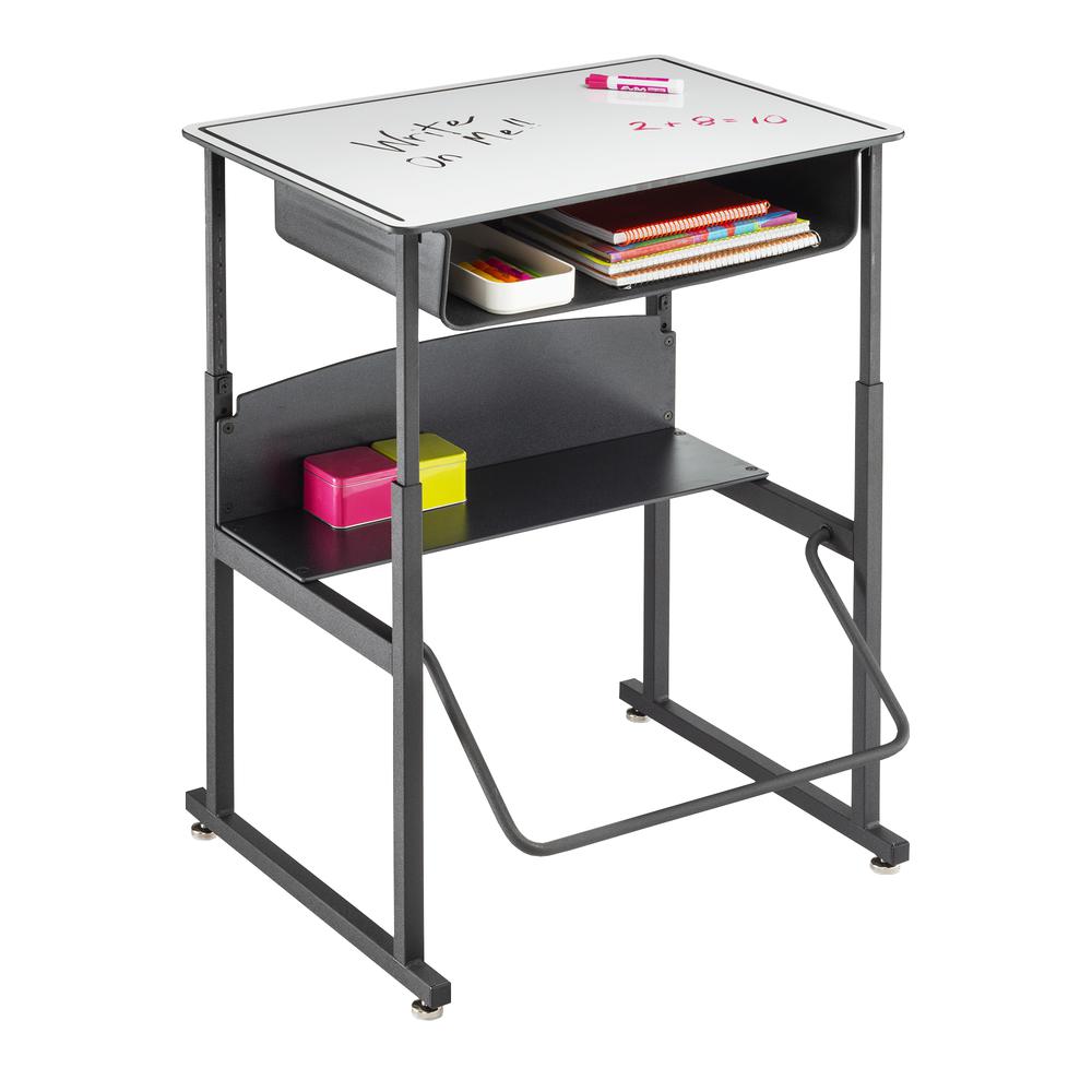 AlphaBetter® Adjustable-Height Stand-Up Desk, 28 x 20" Premium or Dry Erase Top, Book Box and Swinging Footrest Bar - DryErase. Picture 2