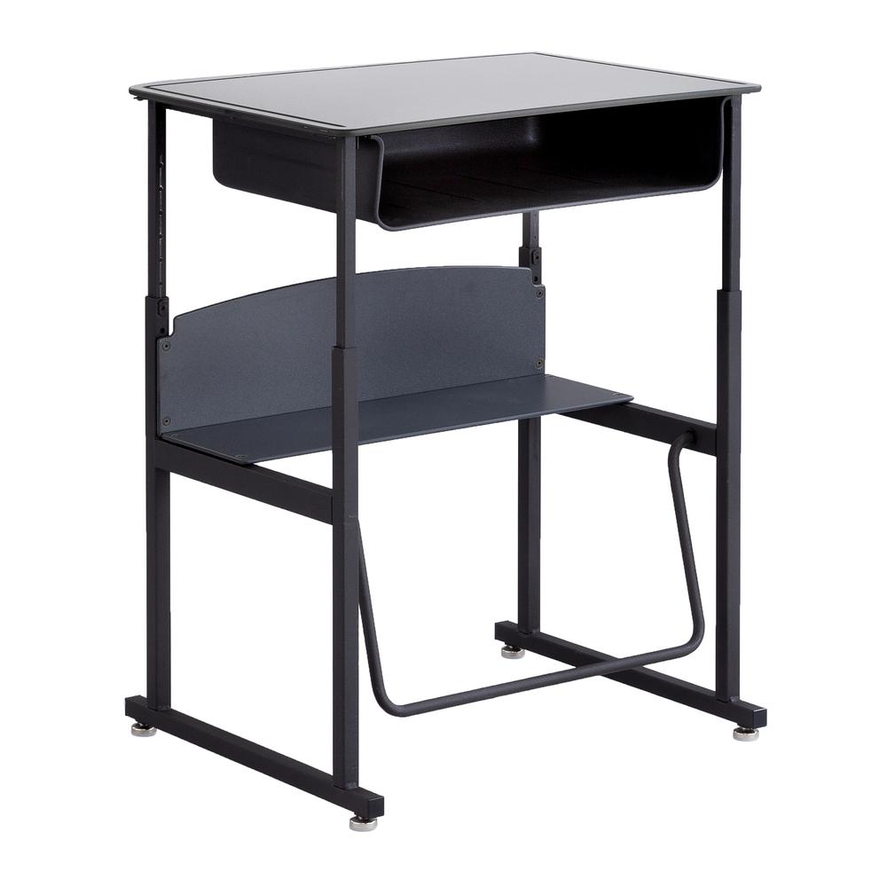 AlphaBetter® Adjustable-Height Stand-Up Desk, 28 x 20" Premium or Dry Erase Top, Book Box and Swinging Footrest Bar - Gray. Picture 1
