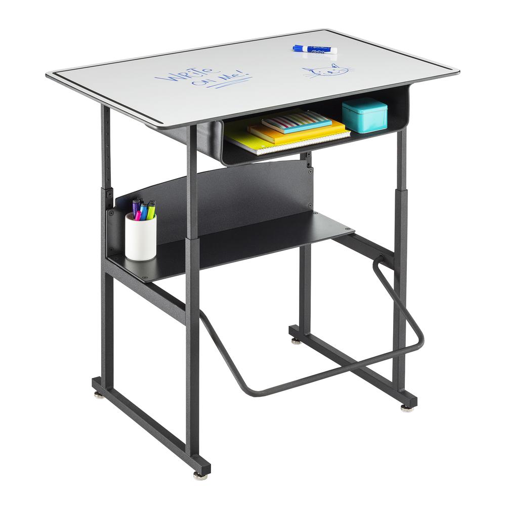 AlphaBetter® Adjustable-Height Stand-Up Desk, 36 x 24" Premium or Dry Erase Top, Book Box and Swinging Footrest Bar - DryErase. Picture 2