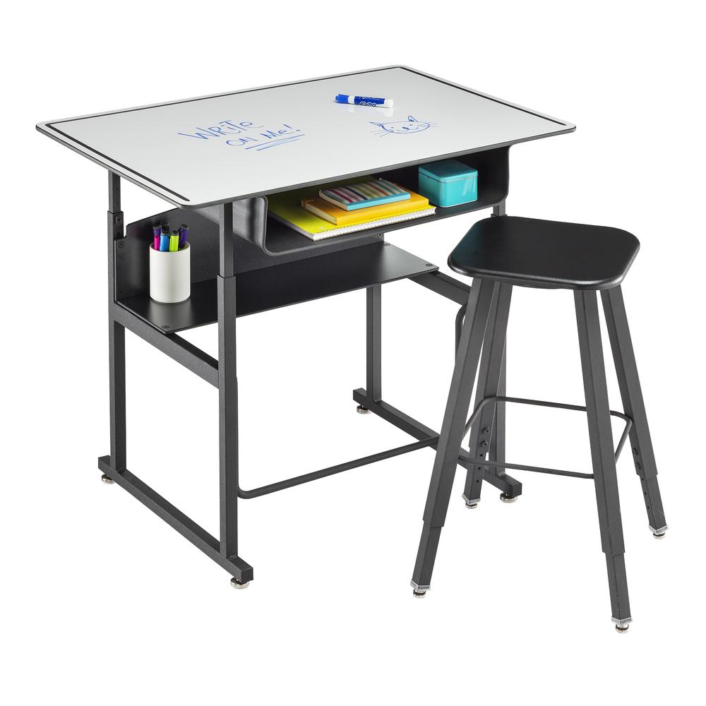AlphaBetter® Adjustable-Height Stand-Up Desk, 36 x 24" Premium or Dry Erase Top, Book Box and Swinging Footrest Bar - DryErase. Picture 3