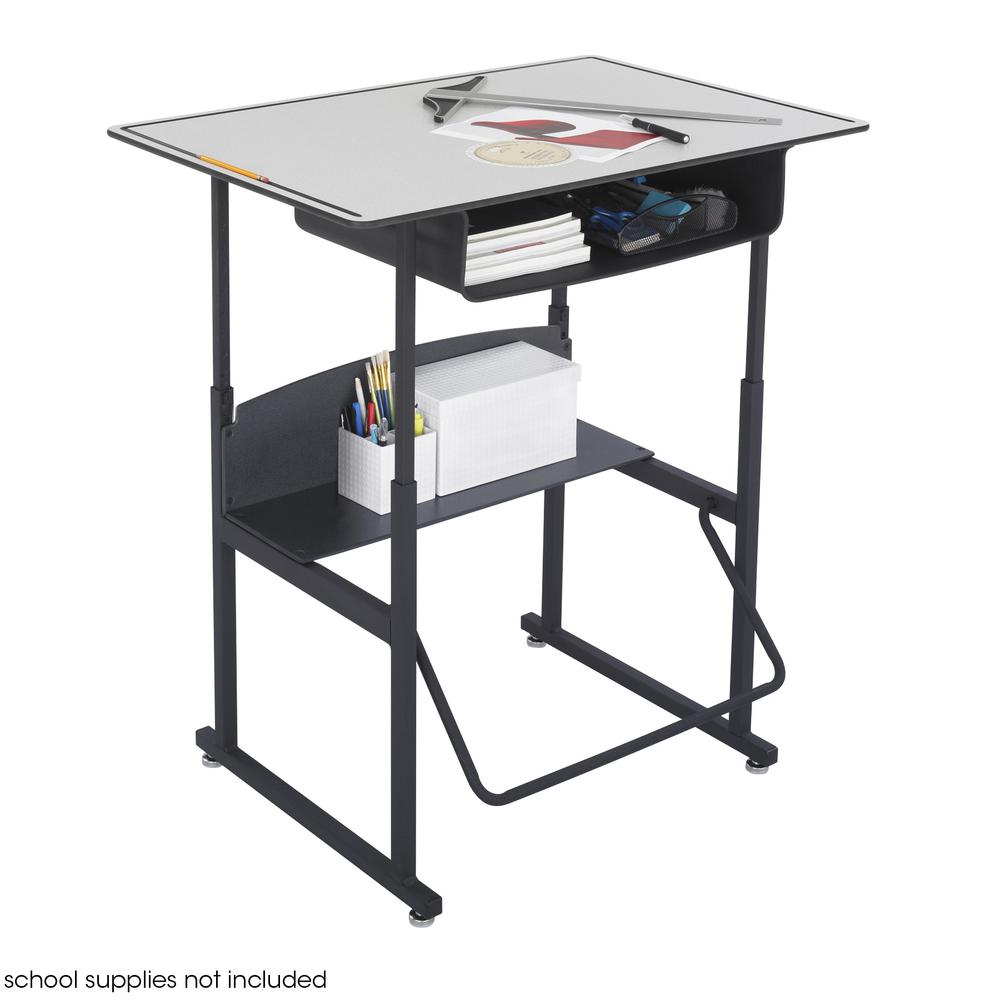 AlphaBetter® Adjustable-Height Stand-Up Desk, 36 x 24" Premium or Dry Erase Top, Book Box and Swinging Footrest Bar - Gray. Picture 1