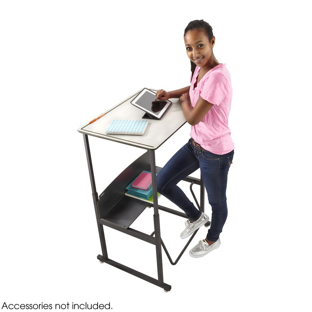 AlphaBetter® Adjustable-Height Stand-Up Desk, 28 x 20" Premium or Dry Erase Top and Swinging Footrest Bar - Gray. Picture 2