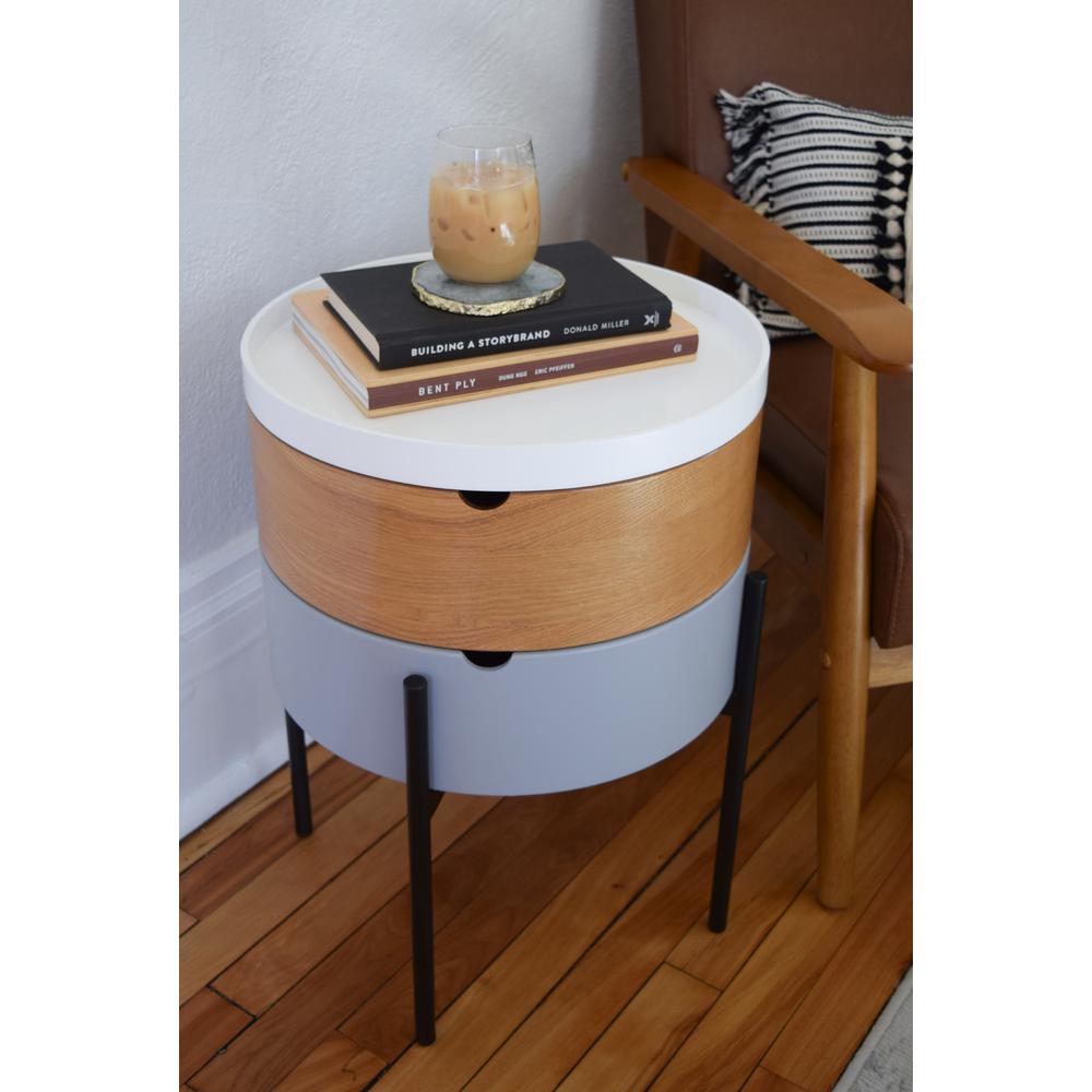 Tray Top End Table With 2-Storage Bin & Black Steel Legs. Picture 5