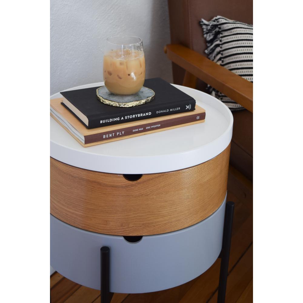 Tray Top End Table With 2-Storage Bin & Black Steel Legs. Picture 6
