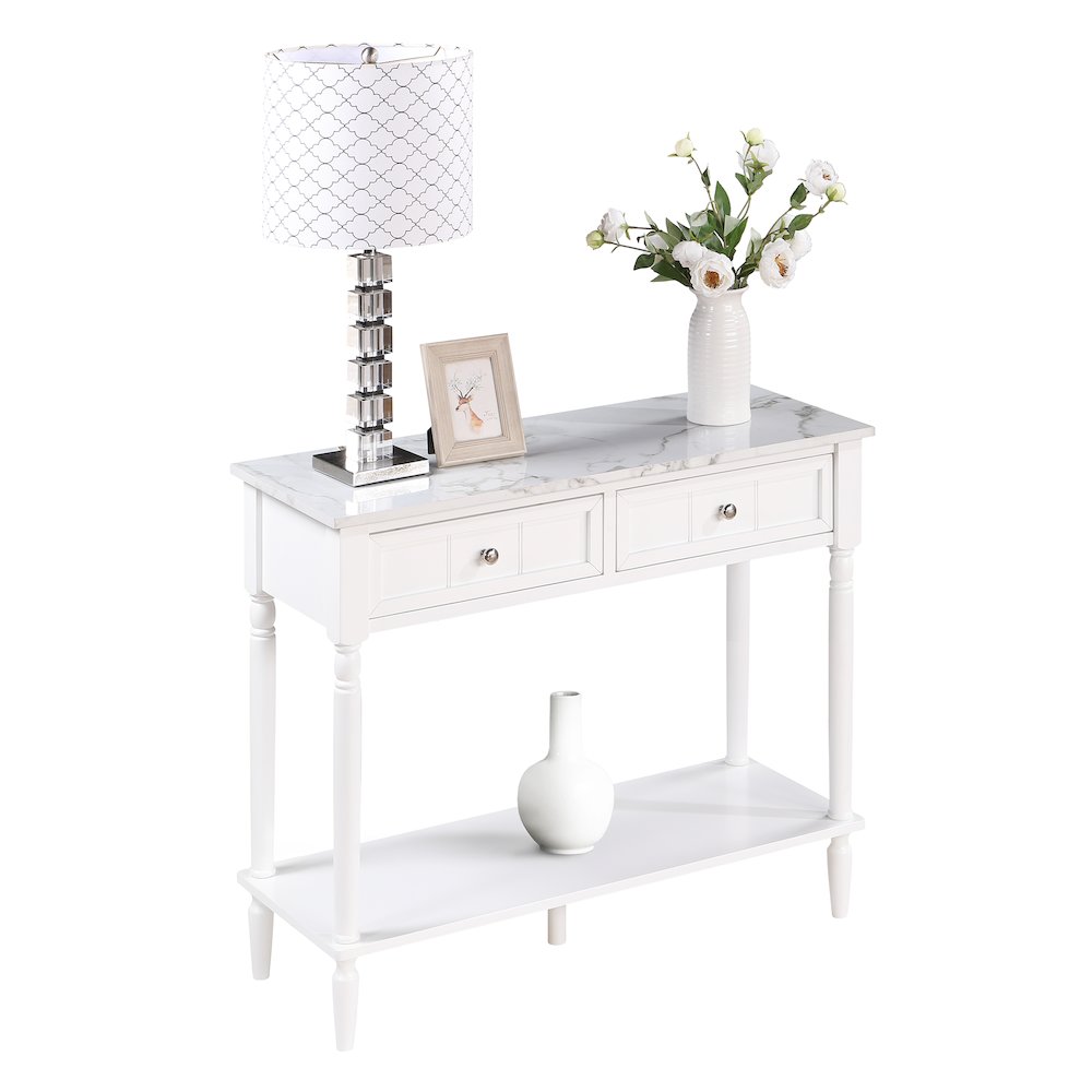 French Country 2 Drawer Hall Table with Shelf, White Faux Marble/White. Picture 2