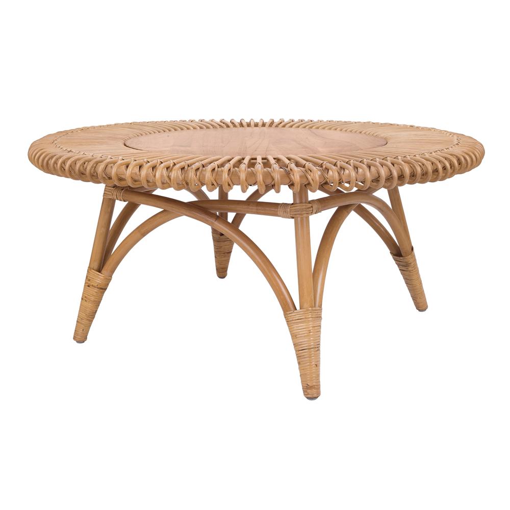 Alani Rattan Round Coffee Table w/ Wood Top. Picture 1